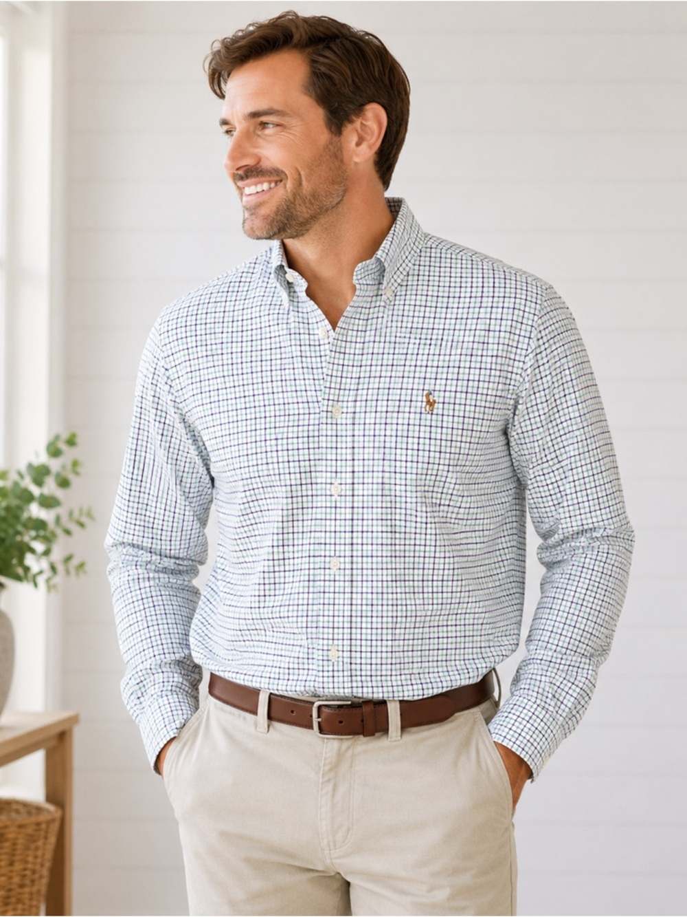 Ralph Lauren Mens Shirt M Check Plaid Button Down Long Sleeve Cotton Blue Green
